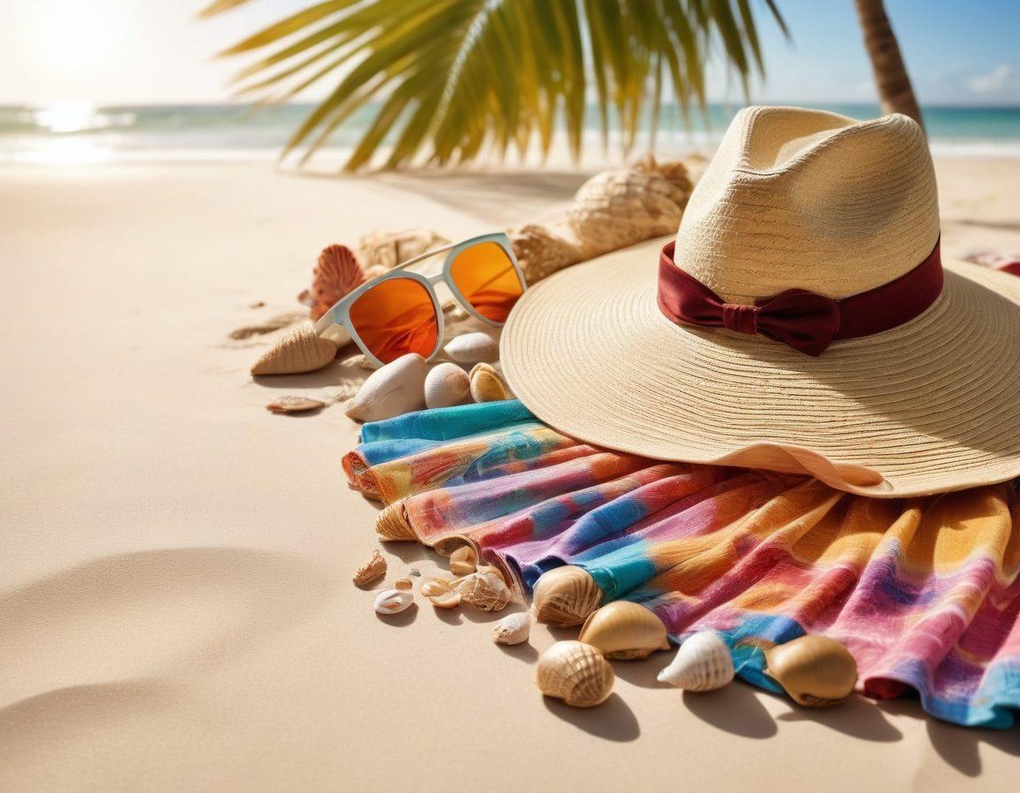 A vibrant tropical scene featuring stylish beachwear and accessories laid out on a sandy shoreline, with palm trees swaying in the background and colorful seashells scattered around. The sun is setting, casting warm golden light on the clothing items, creating an inviting and trendy atmosphere. Include a trendy beach bag, sunglasses, and a wide-brimmed hat for added flair. super-realistic. vibrant colors. white background.
