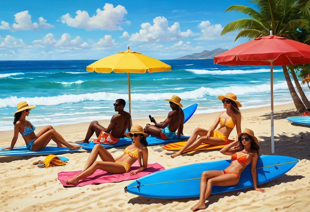 A stylish beach scene showcasing diverse individuals sunbathing and surfing, adorned in trendy beachwear, sunglasses, and hats. Include vibrant beach umbrellas, surfboards, and playful waves in the background. The setting should exude warmth and carefree fun, capturing the essence of summer. Bright colors and dynamic poses should enhance the liveliness of the scene. super-realistic. vibrant colors. sunny atmosphere.